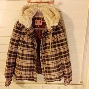 Juicy Couture Brown Beige Plaid Sherpa Hooded Y2K Jacket VTG Zipper Academia